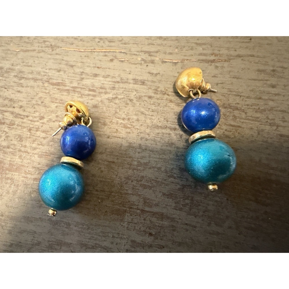 Vintage 1980s Blue Teal Bead Drop Earrings Gold Tone Double Bead Retro